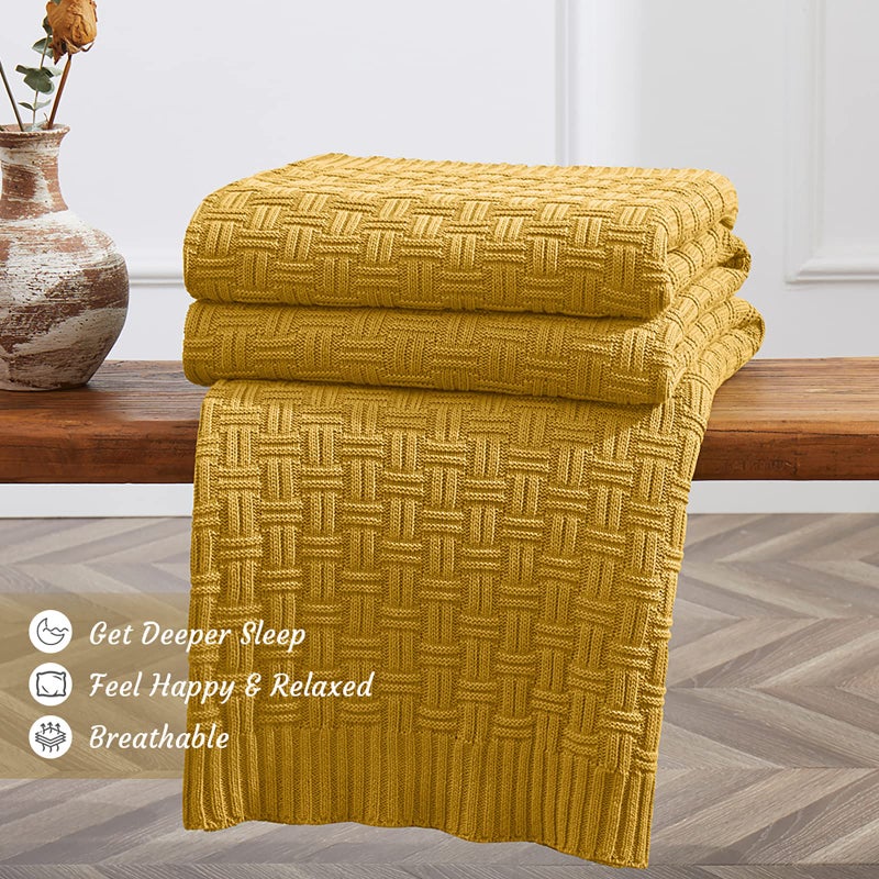 TREELY 100% Cotton Knitted Throw Blanket Couch Cover Blanket(50 x 60 Inches, Mustard Yellow) - Image 3